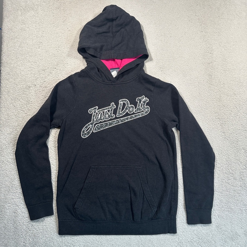 Nike Hoodie Sweatshirt Girls L Black Just Do It Graphic Pullover 806305-010